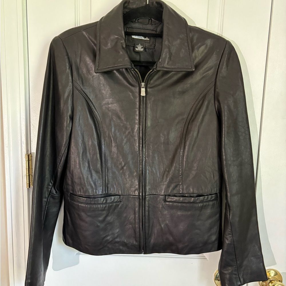 Madison Studio Black 100% Leather Jacket Cropped Zip Genuine Leather S
